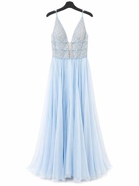 Sherri Hill 52589 Light Blue Beaded Plunge Chiffon Gown